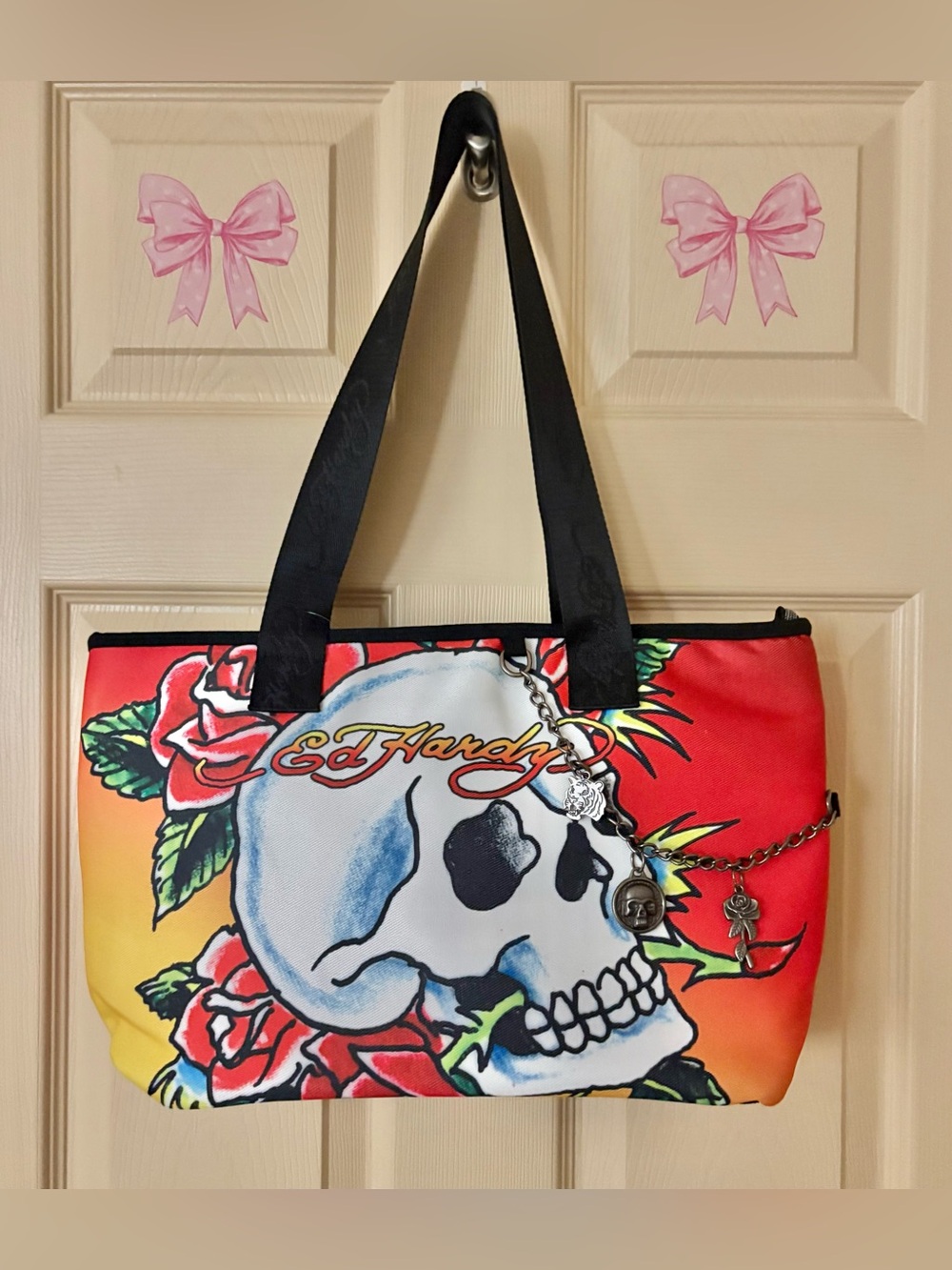 Ed Hardy Large Skull & Roses Tattoo Graphic Print Tote Zippered w/ Charm Y2K New